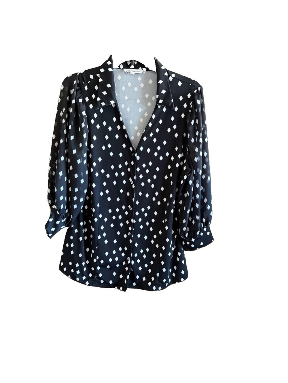 Perception Concept XL Black Diamond Print Blouse Metal Buttons Polyester Vietnam